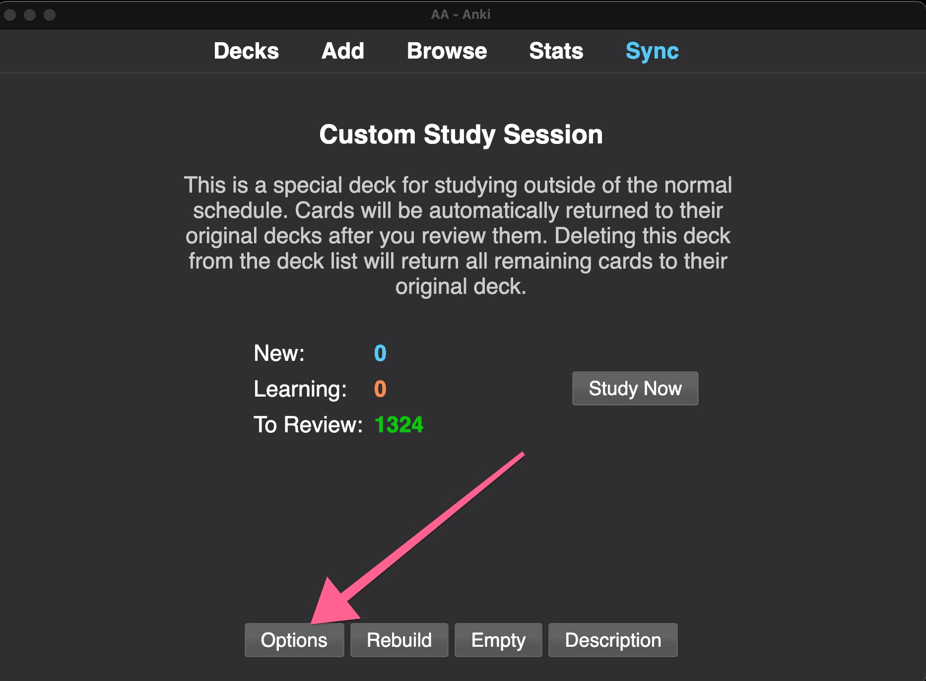 Custom Study Session Anki Options