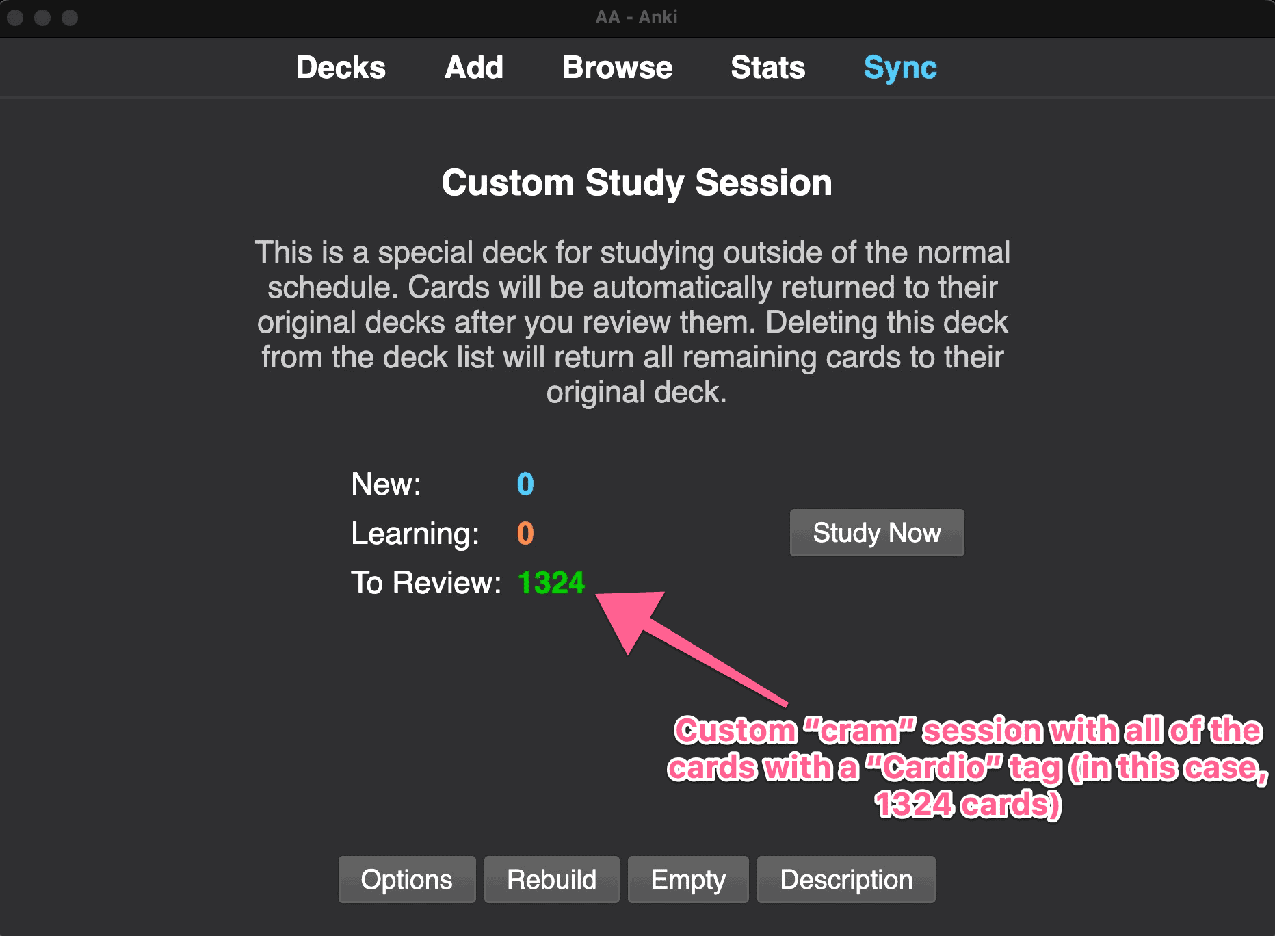 Custom study session on Anki with Cardio tag