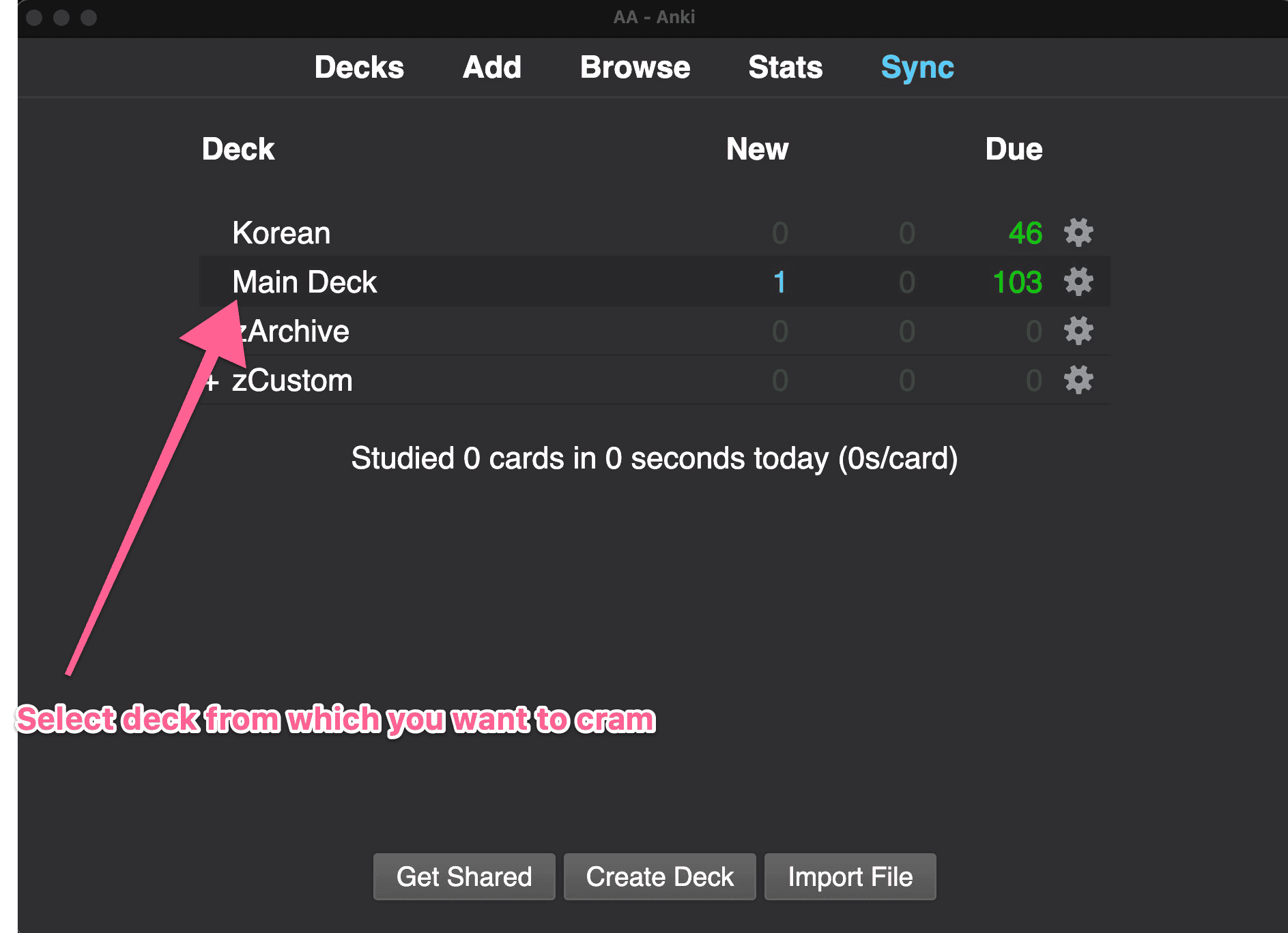 Select the Anki Deck to Cram From